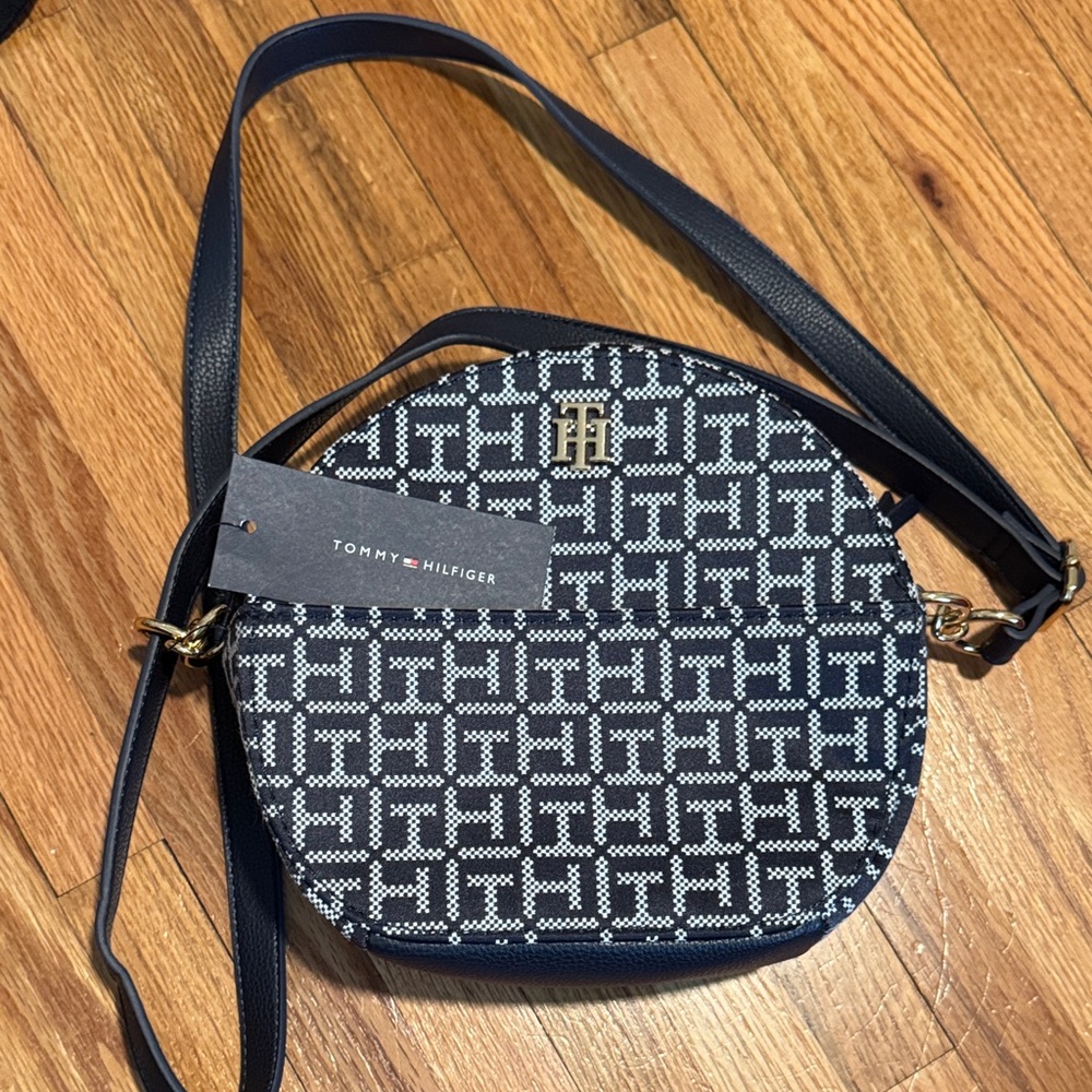 Tommy Hilfiger Navy and White Patterned Canvas Crossbody Bag
